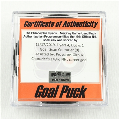 Sean Couturier - Philadelphia Flyers - Goal Puck - December 17, 2019 vs. Anaheim Ducks (Flyers Logo)