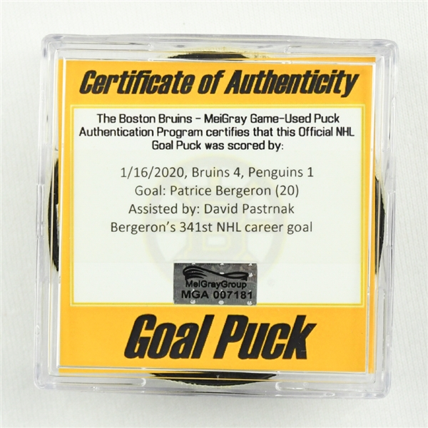 Patrice Bergeron - Bruins - Goal Puck - January 16, 2020 vs. Pittsburgh Penguins (Bruins Logo)