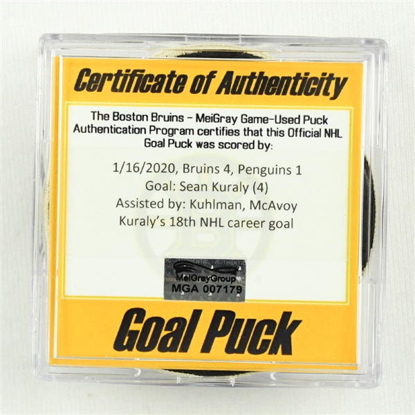 Sean Kuraly - Bruins - Goal Puck - January 16, 2020 vs. Pittsburgh Penguins (Bruins Logo)
