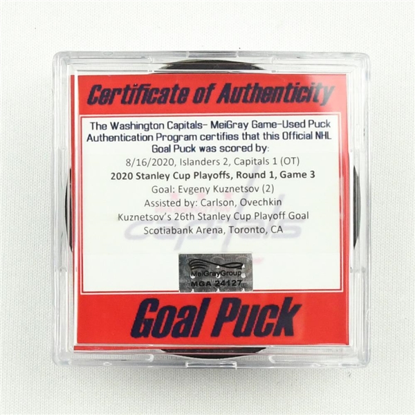 Evgeny Kuznetsov - Goal Puck - Aug. 16, 2020 vs. Islanders (Islanders Logo) - 2020 Stanley Cup Playoffs - Round 1, Game 3