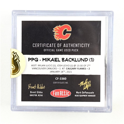 Mikael Backlund - Calgary Flames - Goal Puck - (Rare TRACKING PUCK) January 18, 2021 vs. Vancouver Canucks (NHL Logo)