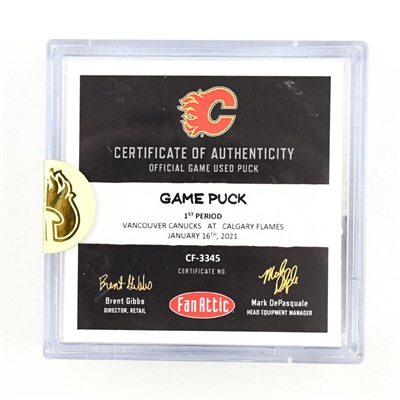Calgary Flames - Game Puck - (Rare TRACKING PUCK) Jan. 16, 2021 vs. Vancouver Canucks (NHL Logo) - Markstroms 6th NHL Career Shutout