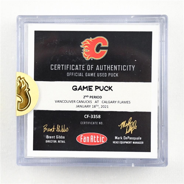 Calgary Flames - Game Puck - (Rare TRACKING PUCK) Jan. 18, 2021 vs. Vancouver Canucks (NHL Logo)