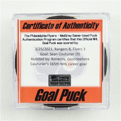 Sean Couturier - Philadelphia Flyers - Goal Puck - March 25, 2021 vs. New York Rangers (Flyers Logo)