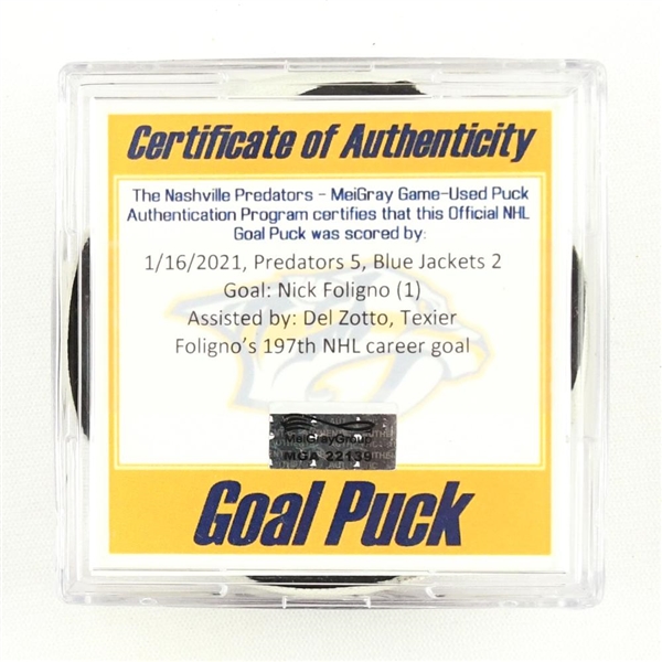 Nick Foligno - Columbus Blue Jackets - Goal Puck - (Rare TRACKING PUCK) January 16, 2021 vs. Nashville Predators (NHL Logo)