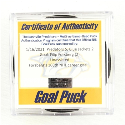 Filip Forsberg - Nashville Predators - Goal Puck - (Rare TRACKING PUCK) January 16, 2021 vs. Columbus Blue Jackets (NHL Logo)
