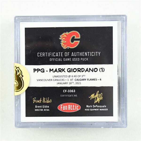 Mark Giordano - Calgary Flames - Goal Puck - (Rare TRACKING PUCK) January 18, 2021 vs. Vancouver Canucks (NHL Logo)
