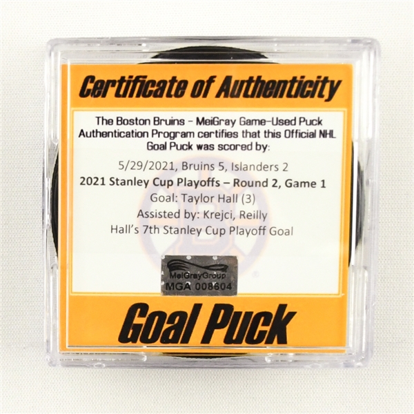 Taylor Hall - Bruins - Goal Puck - May 29, 2021 vs. Islanders (Bruins Logo) - 2021 Stanley Cup Playoffs, Round 2, Game 1