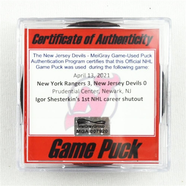 New Jersey Devils - Game Puck - April 13, 2021 vs. New York Rangers (Devils Logo) - Igor Shesterkin 1st Career Shutout