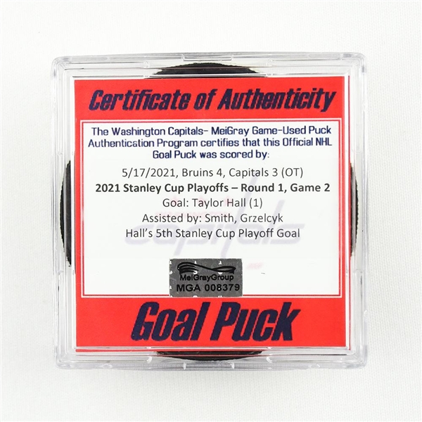 Taylor Hall - Bruins - Goal Puck - May 17, 2021 vs. Capitals (Capitals Logo) - 2021 Stanley Cup Playoffs - Round 1, Game 2
