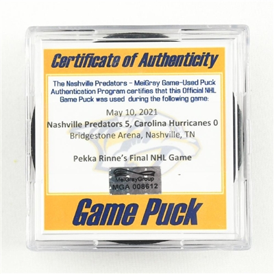 Nashville Predators - Game Puck - May 10, 2021 vs. Hurricanes (Predators Logo) - Pekka Rinnes Final NHL Game