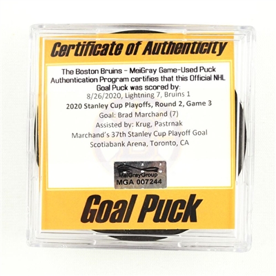 Brad Marchand - Bruins - Goal Puck - Aug. 26, 2020 vs. Tampa Bay Lightning (Bruins Logo) - 2020 Stanley Cup Playoffs - Round 2, Game 3