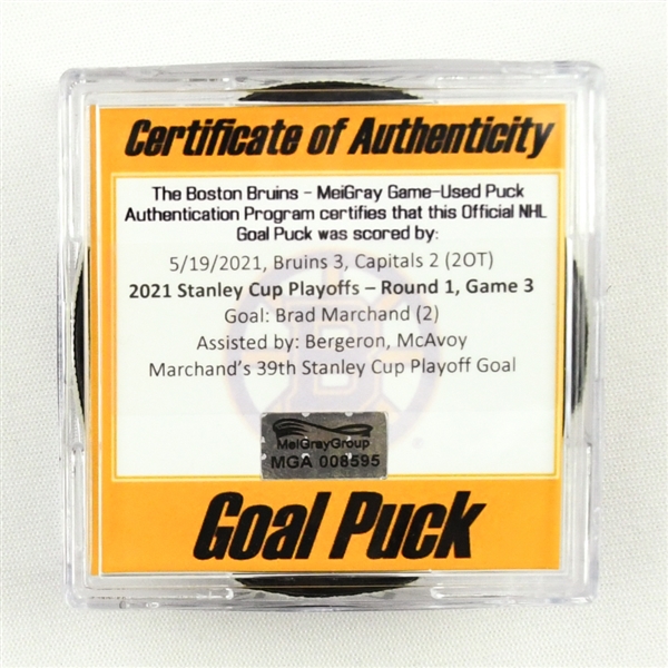Brad Marchand - Bruins - Goal Puck - May 19, 2021 vs. Capitals (Bruins Logo) - 2021 Stanley Cup Playoffs, Round 1, Game 3