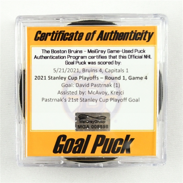 David Pastrnak - Bruins - Goal Puck - May 21, 2021 vs. Capitals (Bruins Logo) - 2021 Stanley Cup Playoffs, Round 1, Game 4
