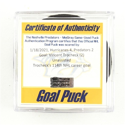 Vincent Trocheck - Carolina Hurricanes - Goal Puck - (Rare TRACKING PUCK) January 18, 2021 vs. Nashville Predators (NHL Logo)