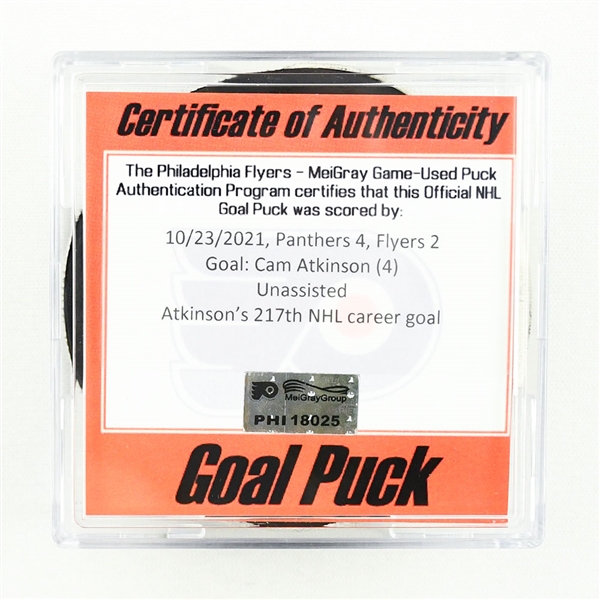 Cam Atkinson - Philadelphia Flyers  - Goal Puck - October 23, 2021 vs. Florida Panthers (Flyers Logo)