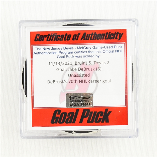 Jake DeBrusk - Boston Bruins - Goal Puck - November 13, 2021 vs. New Jersey Devils (Devils Logo)