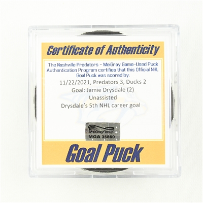Jamie Drysdale - Anaheim Ducks - Goal Puck - November 22, 2021 vs. Nashville Predators (Predators Logo)