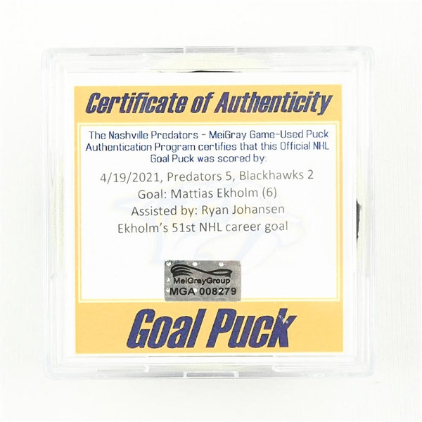Mattias Ekholm - Nashville Predators - Goal Puck - April 19, 2021 vs. Chicago Blackhawks (Predators Logo)