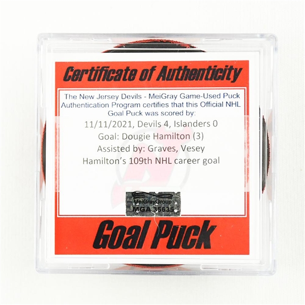 Dougie Hamilton - New Jersey Devils - Goal Puck - November 11, 2021 vs. New York Islanders (Devils Logo)