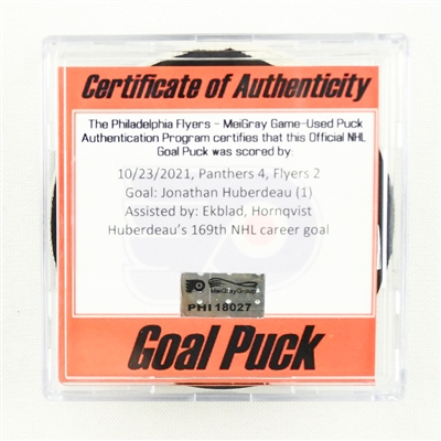 Jonathan Huberdeau - Florida Panthers - Goal Puck - October 23, 2021 vs. Philadelphia Flyers (Flyers Logo)