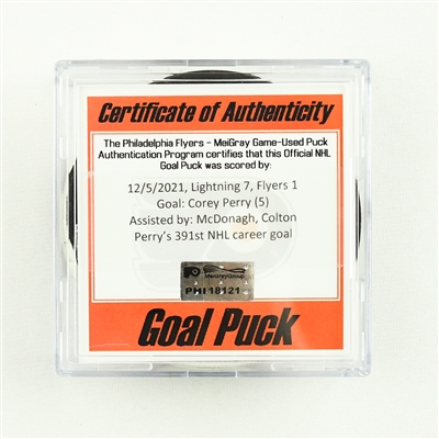 Corey Perry - Tampa Bay Lightning - Goal Puck - December 5, 2021 vs. Philadelphia Flyers (Flyers Logo)
