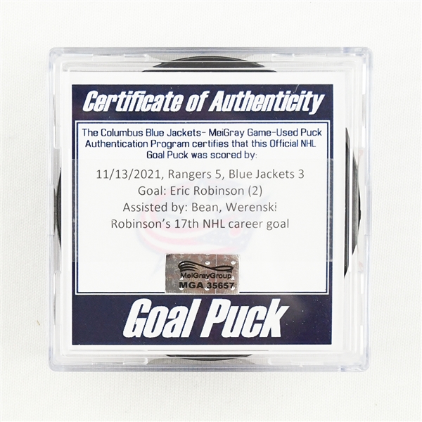 Eric Robinson - Columbus Blue Jackets - Goal Puck - November 13, 2021 vs. New York Rangers (Blue Jackets Logo)