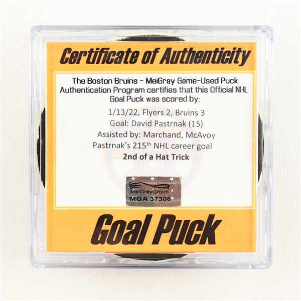 David Pastrnak - Boston Bruins - Goal Puck - 2nd Goal of Hat Trick - January 13, 2022 vs. Philadelphia Flyers (Bruins Logo) 