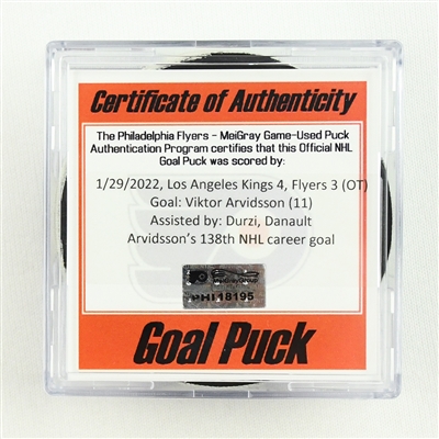 Viktor Arvidsson - Los Angeles Kings - Goal Puck - January 29, 2022 vs. Philadelphia Flyers (Flyers Logo)