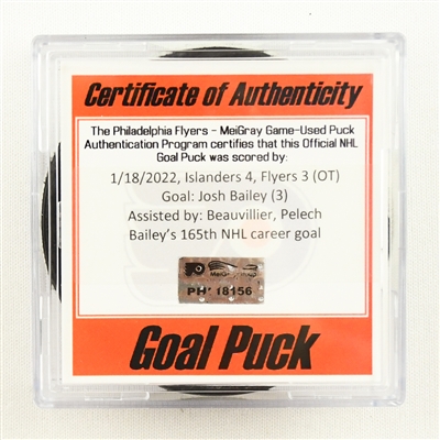 Josh Bailey - New York Islanders - Goal Puck - January 18, 2022 vs. Philadelphia Flyers (Flyers Logo)