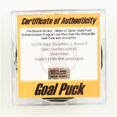 Charlie Coyle - Boston Bruins - Goal Puck - November 14, 2021 vs. Montreal Canadiens (Bruins Logo)