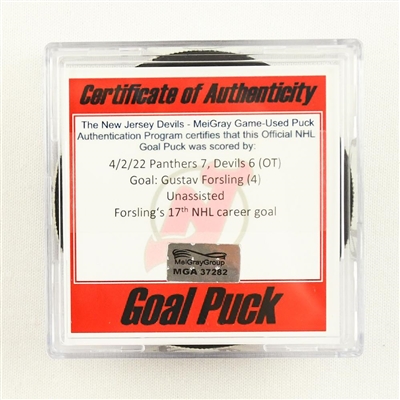 Gustav Forsling - Florida Panthers - Goal Puck - April 2, 2022 vs. New Jersey Devils (Devils Logo)