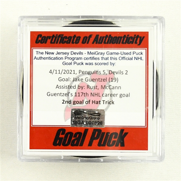 Jake Guentzel - Pittsburgh Penguins - Goal Puck - April 11, 2021 vs. New Jersey Devils (Devils Logo) - 2nd Goal of Hat Trick