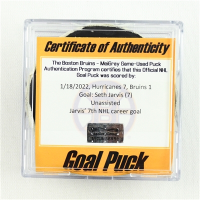 Seth Jarvis - Carolina Hurricanes - Goal Puck - January 18, 2022 vs. Boston Bruins (Bruins Logo)