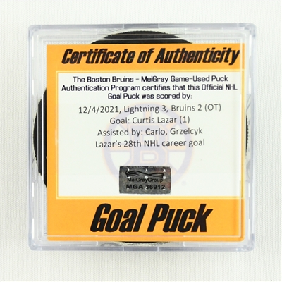 Curtis Lazar - Boston Bruins - Goal Puck - December 4, 2021 vs. Tampa Bay Lightning (Bruins Logo)
