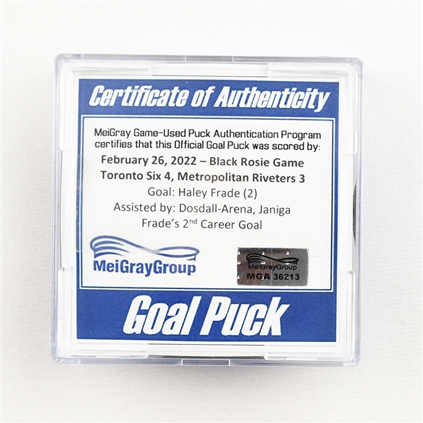 Haley Frade - Metropolitan Riveters - Goal Puck - February 26, 2022 vs. Toronto Six (Riveters Logo)