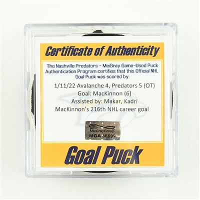 Nathan MacKinnon - Colorado Avalanche - Goal Puck - January 11, 2022 vs. Nashville Predators (Predators Logo)