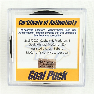 Michael McCarron - Nashville Predators - Goal Puck - February 15, 2022 vs. Washington Capitals (Predators Logo)