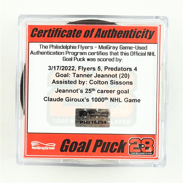 Tanner Jeannot - Goal Puck - March 17, 2022 vs. Philadelphia Flyers (Flyers Logo) - Girouxs 1000th Game 