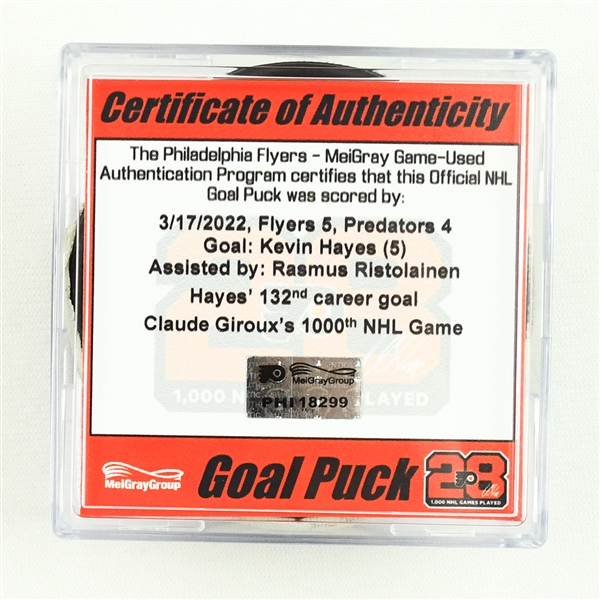Kevin Hayes - Goal Puck - March 17, 2022 vs. Nashville Predators (Flyers Logo) - Girouxs 1000th Game 