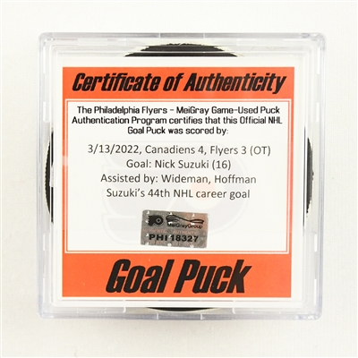 Nick Suzuki - Montreal Canadiens - Goal Puck - March 13, 2022 vs. Philadelphia Flyers (Flyers Logo)
