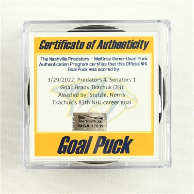 Brady Tkachuk - Ottawa Senators - Goal Puck - March 29, 2022 vs. Nashville Predators (Predators Logo)