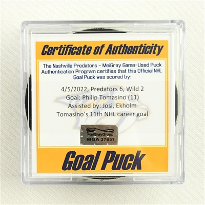 Philip Tomasino - Nashville Predators - Goal Puck - April 5, 2022 vs. Minnesota Wild (Predators Logo)
