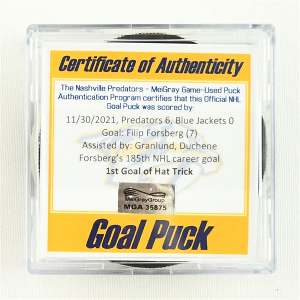 Filip Forsberg  - Nashville Predators - Goal Puck - November 30, 2021 vs. Columbus Blue Jackets (Predators Logo) - 1st Goal of Hat Trick 