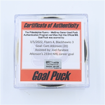 Cam Atkinson - Philadelphia Flyers - Goal Puck - March 5, 2022 vs Chicago Blackhawks (Flyers logo)