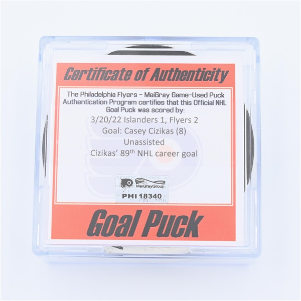 Casey Cizikas - New York Islanders - Goal Puck - March 20, 2022 vs. Philadelphia Flyers (Flyers Logo) - 2021-22 NHL Season