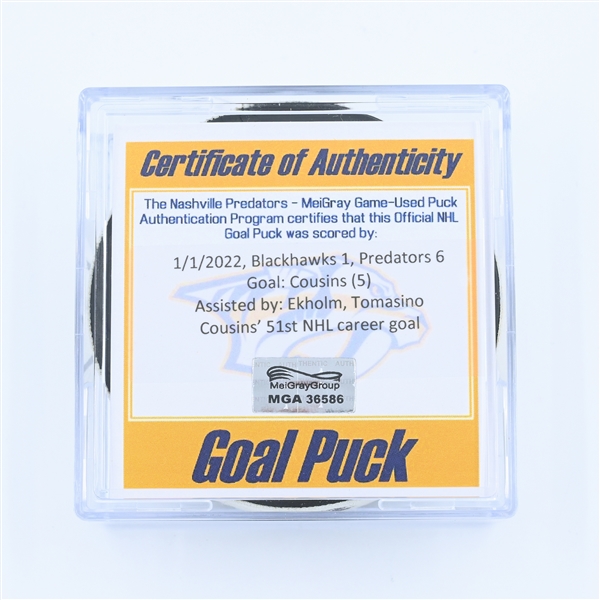 Nick Cousins - Nashville Predators - Goal Puck - January 1, 2022 vs. Chicago Blackhawks (Predators Logo)