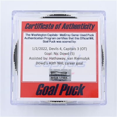 Nic Dowd - Washington Capitals - Goal Puck - January 2, 2022 vs. New Jersey Devils (Capitals Logo) 