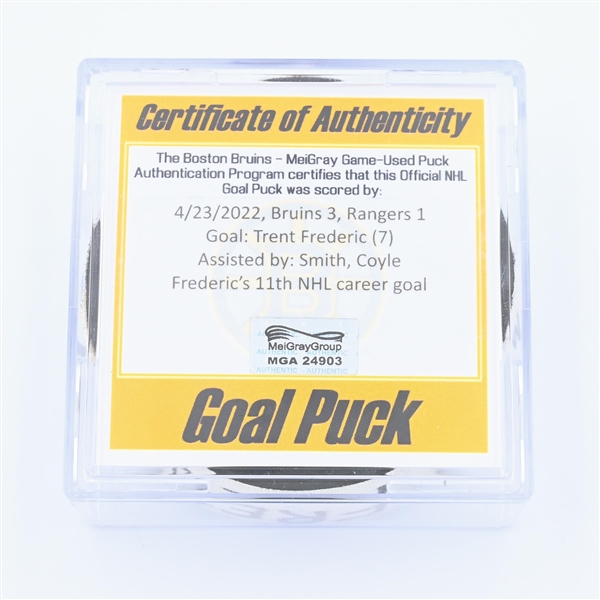 Trent Frederic - Boston Bruins - Goal Puck - April 23, 2022 vs. New York Rangers (Boston Bruins logo) - 2021-22 NHL Season