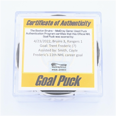 Trent Frederic - Boston Bruins - Goal Puck - April 23, 2022 vs. New York Rangers (Boston Bruins logo) - 2021-22 NHL Season